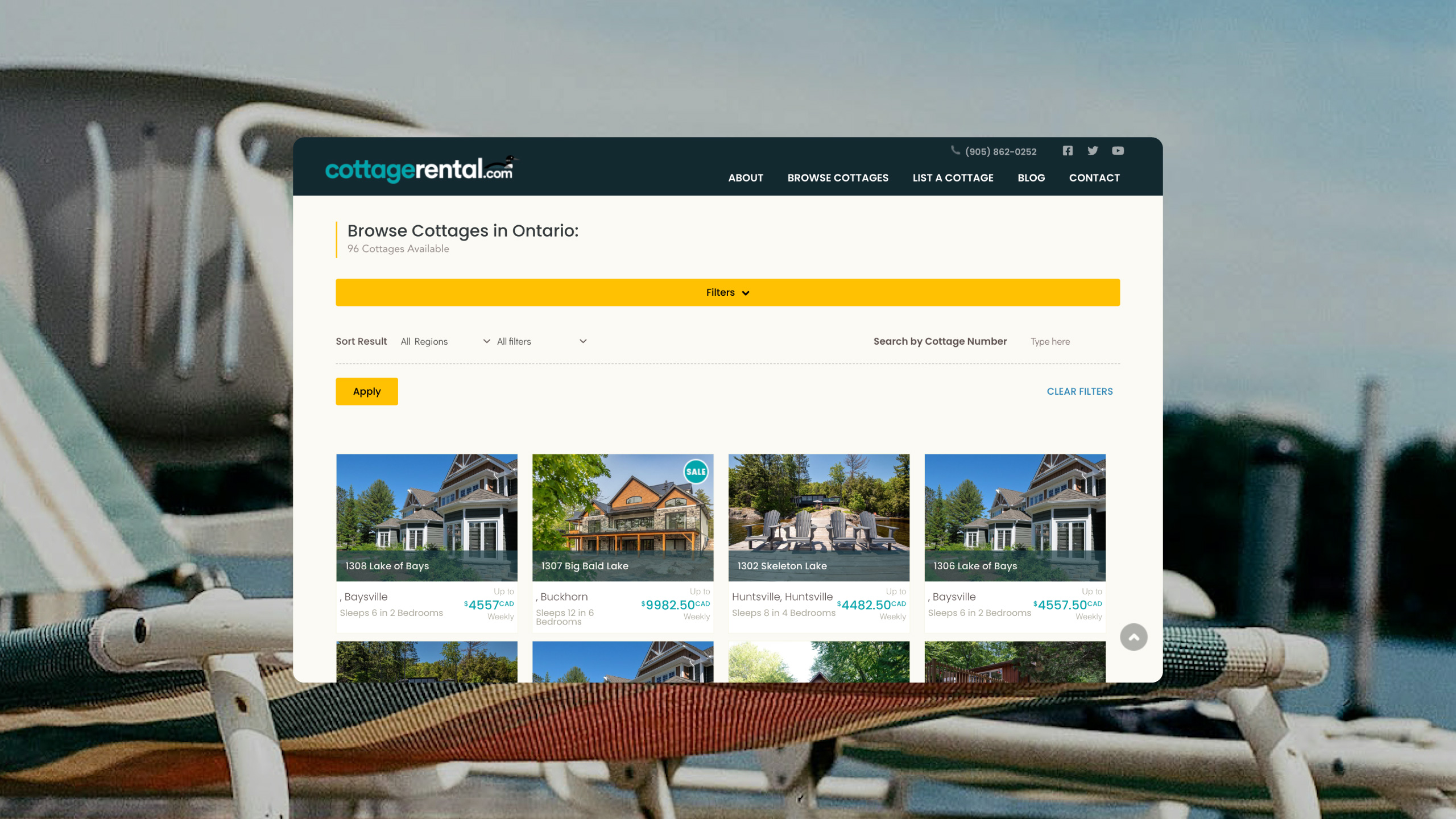Cottage listings interface showing dynamic filtering and updated structure from the CottageRental.com website redevelopment project.